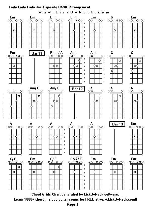 Chord Grids Chart of chord melody fingerstyle guitar song-Lady Lady Lady-Joe Esposito-BASIC Arrangement,generated by LickByNeck software.